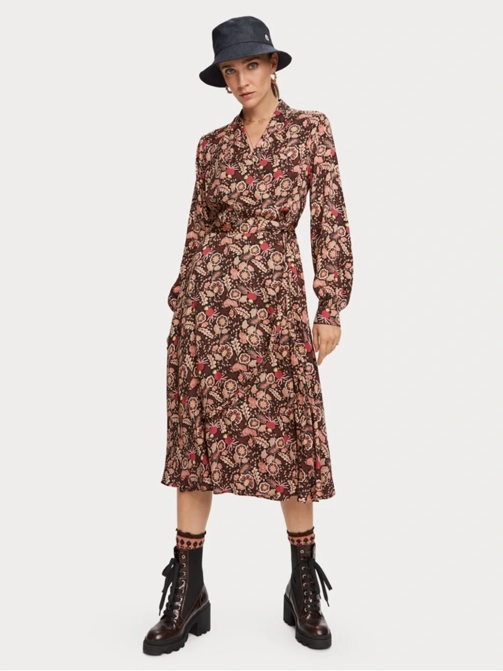 Scotch & Soda Brown Floral Midi Dress with Pink Accents - Picture 1 of 10